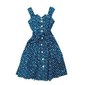 Beach Bash polka dot Lucille ball vintage style teal green blue waist tie dress